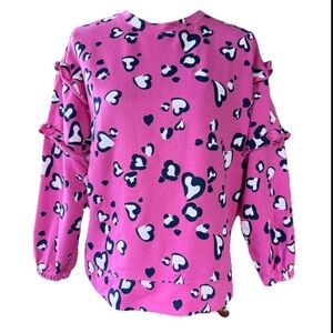 Crown & Ivy Pink Heart Leopard Print Ruffle Sweatshirt Small Cozy Valentine's